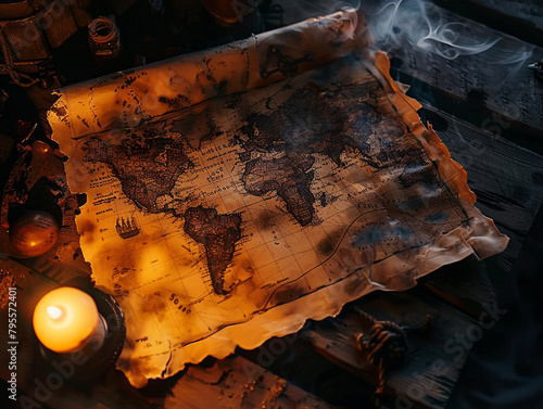 A vintage world map glows warmly under the flickering light of a nearby candle, suggesting historical exploration.