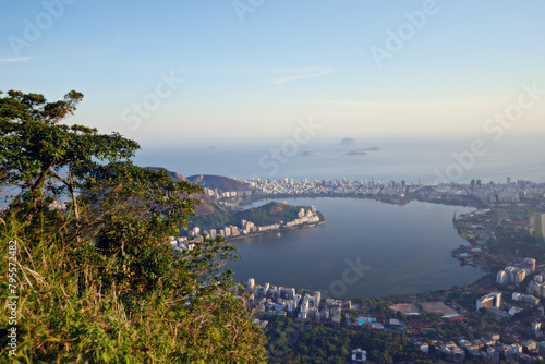 Fototapeta Naklejka Na Ścianę i Meble -  City, ocean and nature with vacation, drone and Rio De Janeiro for summer holiday, getaway trip and aerial view. Landscape, location and beach with buildings, urban town and outdoor with sunshine