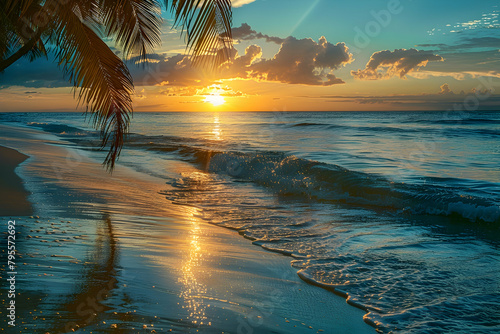 A serene beach scene at sunset, with the sun setting over calm waters and palm trees swaying in the breeze