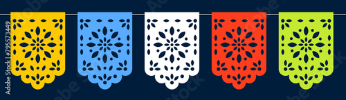 Mexican flag garland. Colorful cutout banner.Template Papel Picado on dark blue background. Set of papel picado template. Sample of papel picado for Mexican festival.
