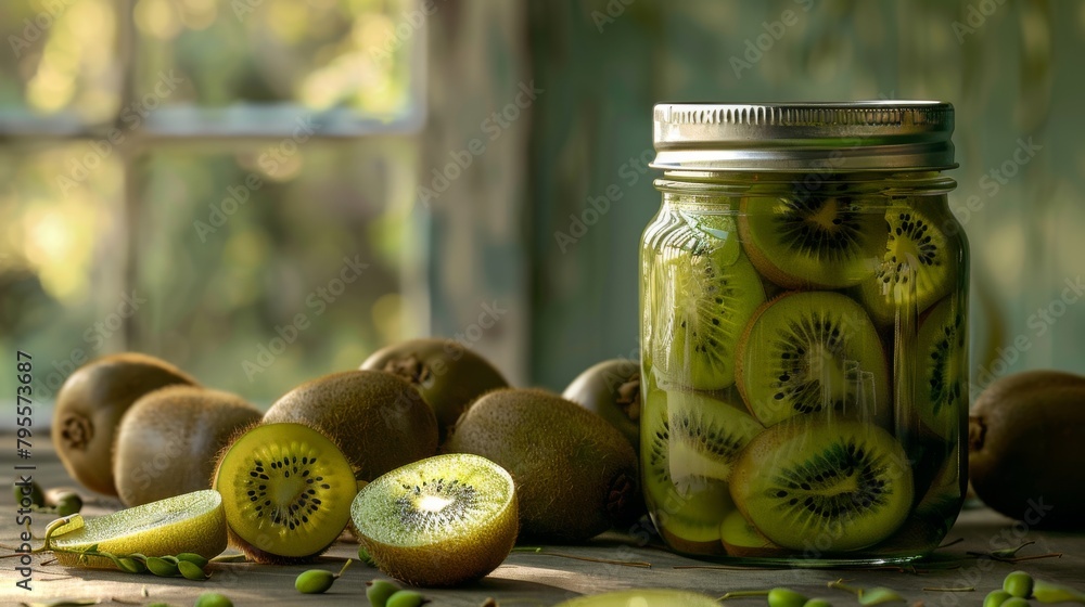 Homemade kiwi jam in a glass jar on a wooden table Homemade kiwi jam in a glass jar on a wooden table