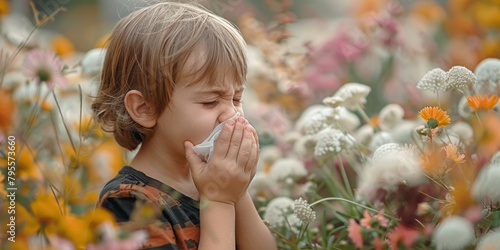 A small child covers his nose due to an allergy to flowers. Generative AI © 22_monkeyzzz