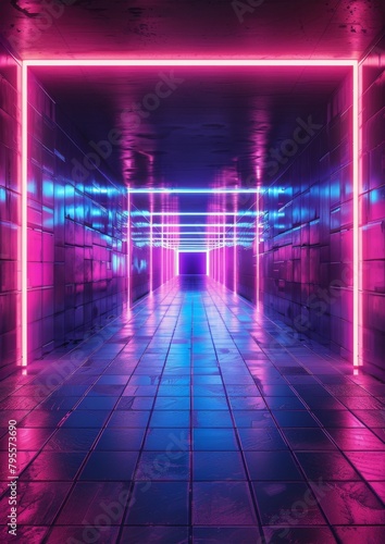 Dimly Lit Long Hallway With Neon Lights and Tiled Floors