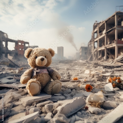 a toy bear in the abandoned buildinga building photo