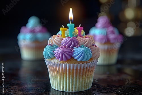 Birthday cupcake with lit birthday candle Number ten for ten years or tenth anniversary 