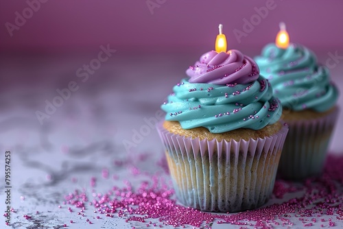 Birthday cupcake with lit birthday candle Number ten for ten years or tenth anniversary  photo