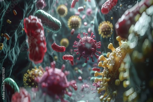 Intricate macro image of virus and bacteria interaction, showcasing the microcosmic battle within organisms, Concept of medical research, microbiology, and pathogen dynamics
 photo