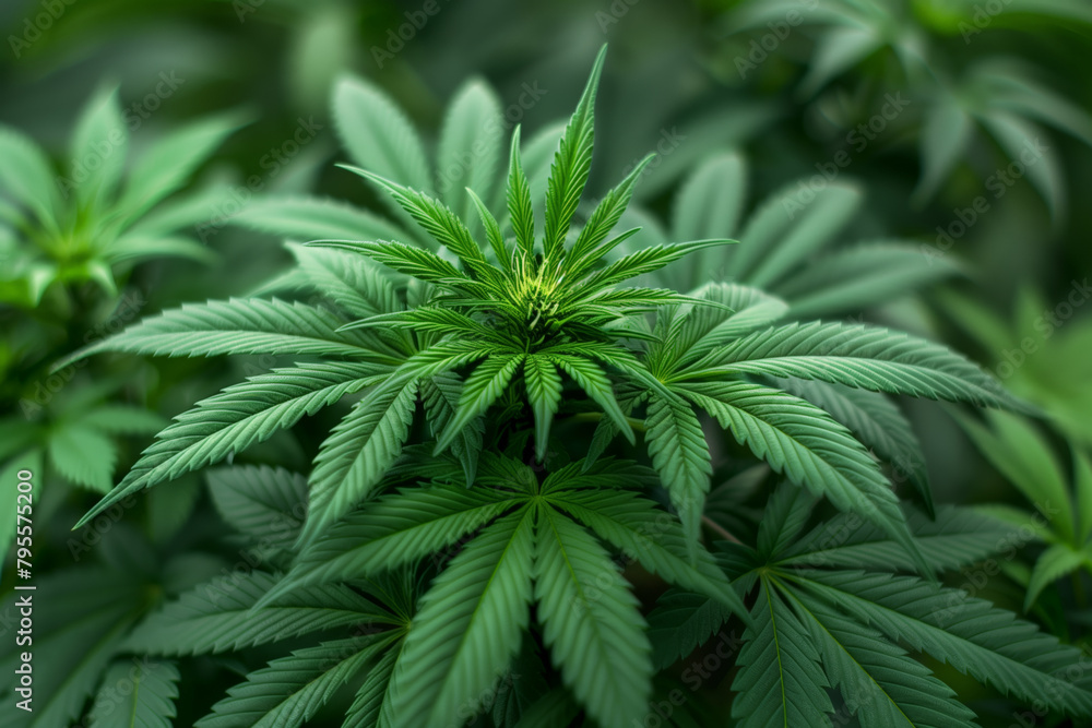 Close up of lush green marijuana cannabis plants, hemp cultivation