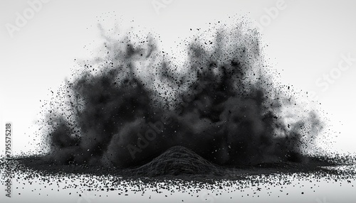Black charcoal dust, gunpowder isolated on white background and texture, top view copy space, photo