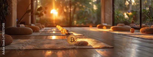 Wallpaper Mural A serene yoga class where each mat has a Bitcoin symbol; the room has a calming, digital halving countdown. Torontodigital.ca