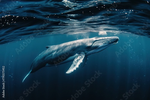 A whale is swimming in the ocean. The water is dark blue and the whale is the main focus of the image