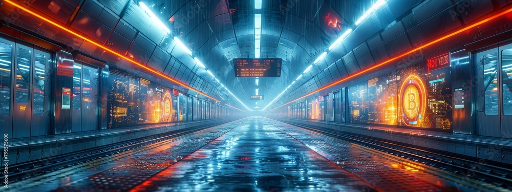 Fototapeta premium A sleek, modern train station with advertisements displaying real-time cryptocurrency rates and futuristic digital art inspired by blockchain.