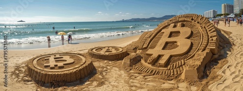 A sunny beach scene where sand sculptures depict the Bitcoin logo, with a halving timer in the background.