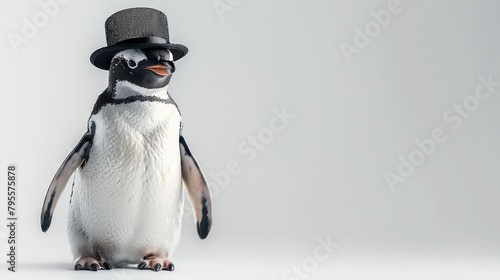 Jolly penguin in a bowler hat waddles proudly against a pristine white setting photo