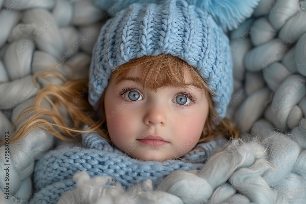 Cute little girl with big eyes, wearing a blue hat and knitted scarf, lying in a woolen blanket. Warm and cozy atmosphere. Romance and nostalgia. Space for text or graphics. Innocence and beauty Cute little girl with big eyes, wearing a blue hat and knitted scarf, lying in a woolen blanket. Warm and cozy atmosphere. Romance and nostalgia. Space for text or graphics. Innocence and beauty
