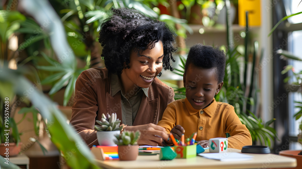 A black female teacher smiling and helping a young boy with his homework in class at a nursery school. Teachers day. Back to school. Student day A black female teacher smiling and helping a young boy with his homework in class at a nursery school. Teachers day. Back to school. Student day