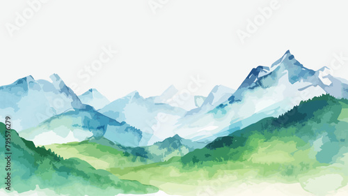 Alpen Berge Silhouette Schweiz Grün Ländlich Wiese Wasserfarben Mountains Panorama Vektor photo