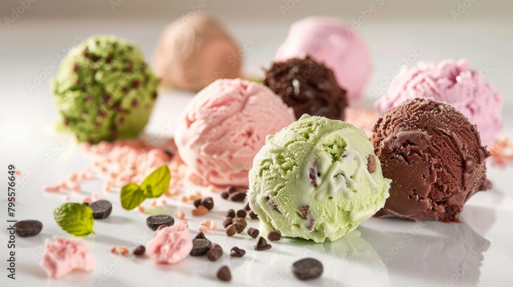 Triple gelato without tasty vegan compromises in menu concept, blending chocolate base into colorful ice cream with pistachio, featured in green eating paper cups. Triple gelato without tasty vegan compromises in menu concept, blending chocolate base into colorful ice cream with pistachio, featured in green eating paper cups.