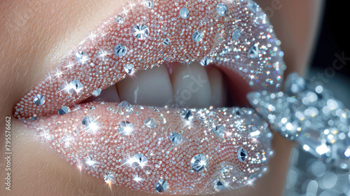 A woman's lips are covered in glitter and diamonds. Concept of glamour and luxury, as the woman's lips are adorned with sparkling jewels. The glitter and diamonds add a touch of elegance