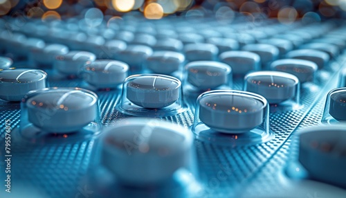 Blue-white antibiotic capsule pills and pill blister pack on blue background. Online pharmacy banner. World Health Day. Pharmaceutical industry. Prescription drugs. Antibiotic drug resistance 