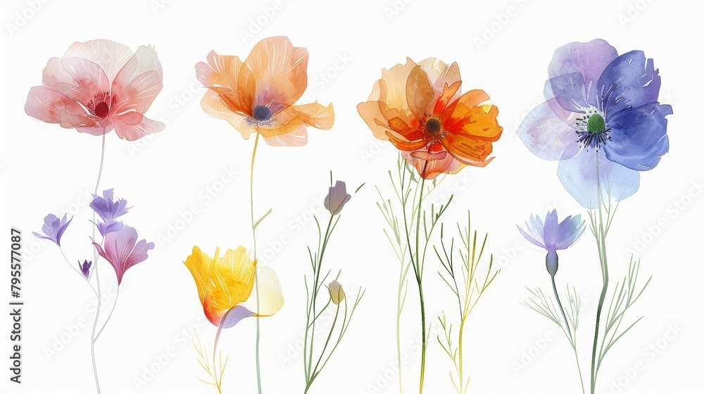 Softly painted collection of flowers in full bloom, captured in watercolor, each artfully isolated on a pure white background