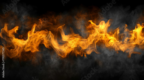 A long, curling flame of fire with smoke trailing behind it. Concept of danger and destruction, as the fire seems to be spreading rapidly and uncontrollably. The smoke adds to the ominous atmosphere