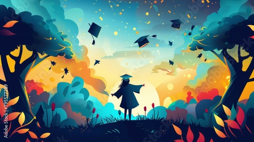 graduate girl on abstract colorful background with graduation cap, graduation concept