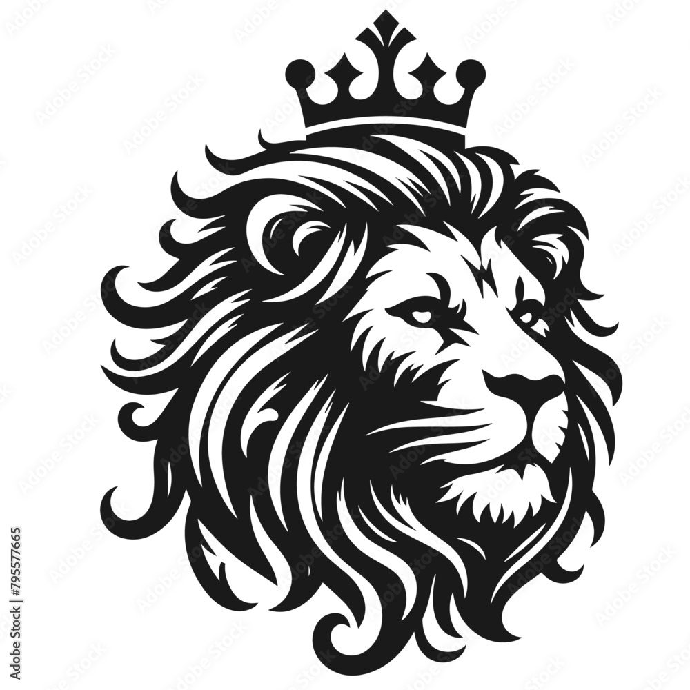 Fototapeta premium crown on lion head logotype vector silhouette isolated on white background
