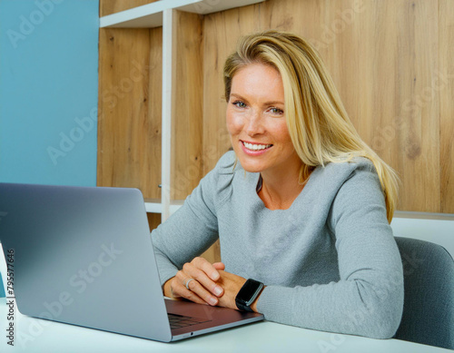 lady cheerfull prety portrait of 40-year-old blond woman in online computer video conference  photo