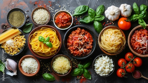 Italian ingredients for making spaghetti pasta with bolognese sauce on an antique wooden table.
