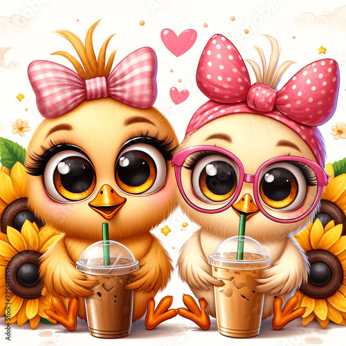 Two cute cartoon chickens wearing headbands with sunflowers, enjoying iced coffee drinks