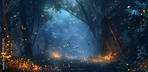 A dark forest at night, with fireflies flying around and the light of distant campfires © DESIRED_PIC