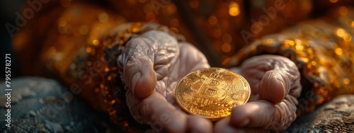 An intimate, close-up photo of an elderly person curiously examining a Bitcoin coin, representing generational investment shifts.