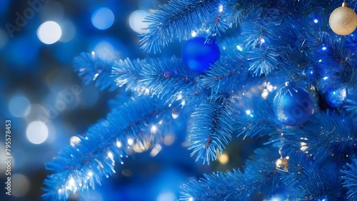 Blue Christmas tree with blue ornaments and bokeh background