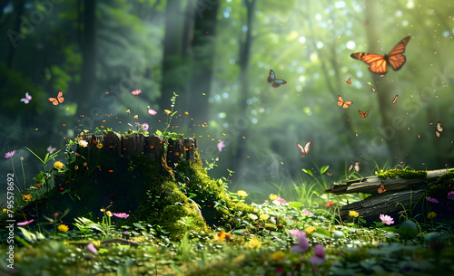 Beautiful forest with moss and flowers, butterflies flying around the tree stump