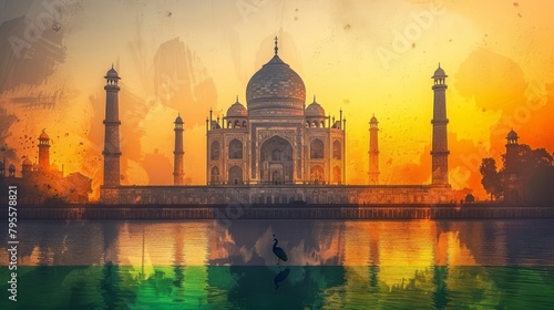 Silhouette of the Taj Mahal at sunset with vibrant colors and flying birds