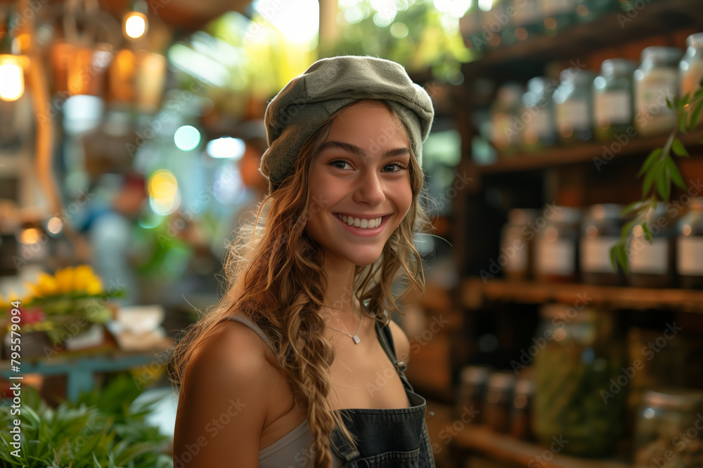 Smiling employee at cbd shop surrounded by cannabis products