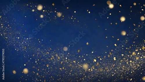 Golden glitter bokeh on blue background. Christmas and New Year concept