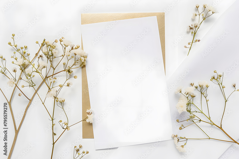 Stylish elegant flat lay white gold floristic greeting invitation post card with copy space mockup. Stylish elegant flat lay white gold floristic greeting invitation post card with copy space mockup.