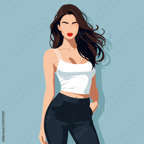 Vector fashion illustration of a sexy young woman in a white short sports top and black skinny jeans.
