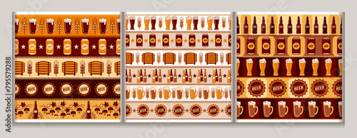 Seamless patterns with icons of beer cans, barrel, glasses, bottle cap. Geometric simple flat style. Good for branding, decoration of beer package, cover design, decorative print.