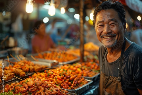 Amidst the lively street food scene, a vendor's cheerful demeanor complements the spicy aroma of freshly made Phat Kaphrao