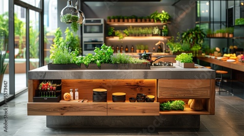 Modern eco-friendly kitchen with abundant greenery and natural wood