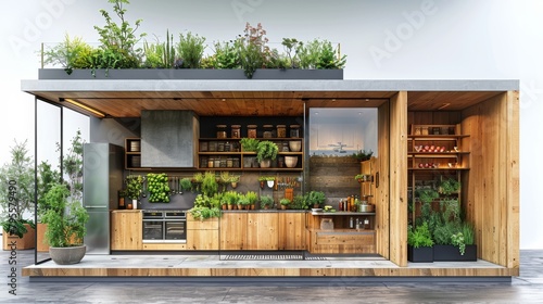 Modern eco-friendly kitchen with abundant greenery and natural wood