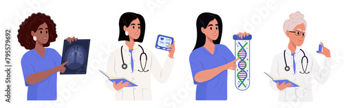 Doctor of characters. Doctor, nurse, laboratory assistant, therapist, cardiologist, pulmonologist, doctor and intern, medical uniform, vector flat set.