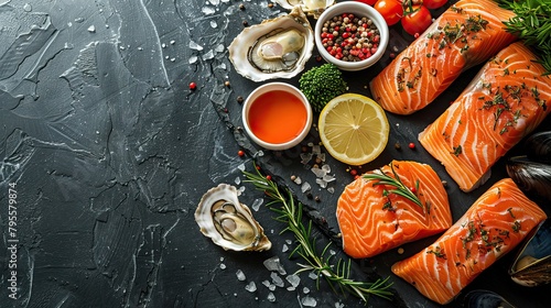 Beautiful seafood with vegetables and herbs on a dark stone background. Food advertising. Banner, menu.