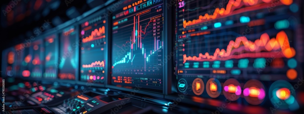 Close-ups of digital screens showing fluctuating cryptocurrency market graphs in neon colors.