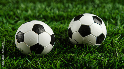 Two soccer balls are on the grass. One is black and white, and the other is white and black