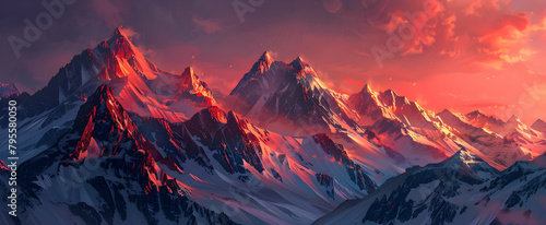 a fantasy mountain range at sunset, snow covered peaks
