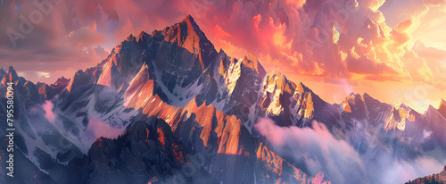 A majestic mountain range at sunrise, with snowcapped peaks and vibrant orange clouds in the sky photo